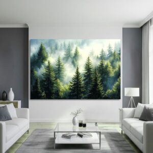 Large foggy pine forest canvas in a modern interior setting.