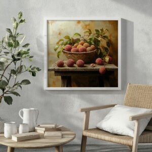 Lychee still life fruit art canvas print displayed in interior