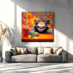 Funny monkey art with smoothies on colorful background canvas print