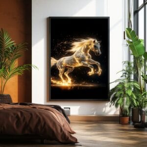 Glowing horse art print in black frame with window shadow.