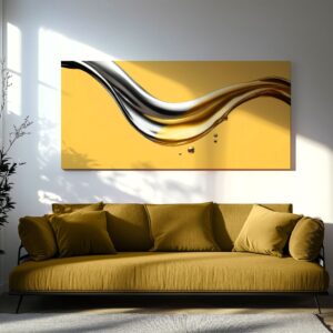 Gold and Silver Canvas Print displayed above a modern sofa in a minimalist living room.