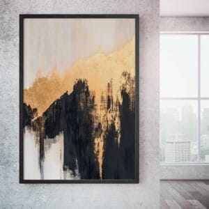 Gold black abstract canvas in black frame for corridor.