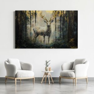Golden antlers deer print displayed in a neutral interior setting.