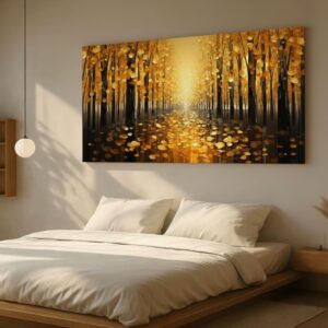 Golden Autumn Forest Path Canvas Print displayed in a warm, inviting bedroom.