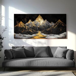 Golden mountains wall art hanging above a modern sofa with warm lighting
