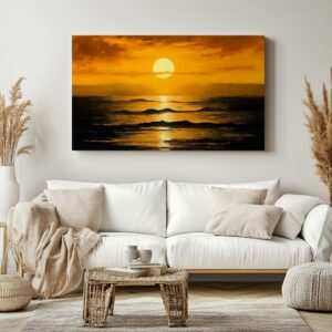 Golden ocean sunset print in a Scandinavian style room.