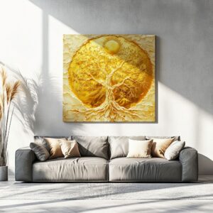 Golden tree of life print displayed above a neutral-toned sofa, adding warmth and harmony to a modern interior.