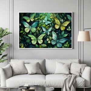Green blue butterfly print with white frame on grey wall above sofa.