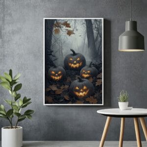 Halloween pumpkin wall art with white frame on grey wall. Festive home art.