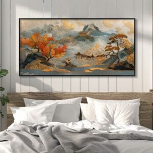 Japanese mountain landscape print styled above modern neutral bed – calm nature art for serene spaces