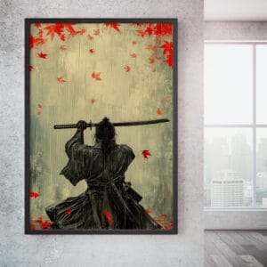 Japanese samurai canvas art in black frame for corridor.
