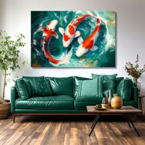 Koi fish canvas art hanging above a green sofa in a room.
