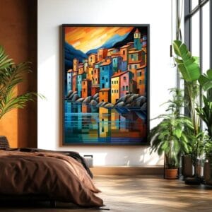 Lake Como landscape print in black frame with window shadow. Modern wall art.