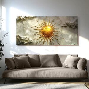 Magical sun 3D print displayed above modern beige sofa as a living room focal point
