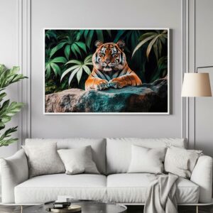 Majestic tiger jungle print with white frame on grey wall above sofa.