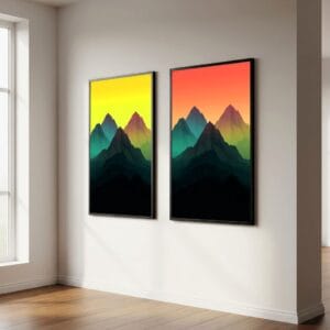Minimalist abstract mountain art set of 2 in black frames, interior.