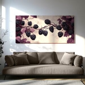 Minimalist Blackberry Branch Canvas Print displayed in a clean, modern living room.