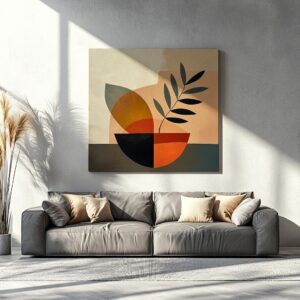 Minimalist boho botanical canvas displayed in a cozy living room