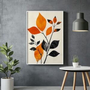 Minimalist botanical abstract print with white frame on grey wall.