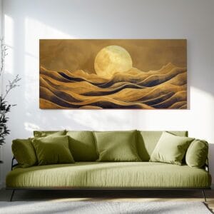 Minimalist horizon canvas print with a serene wavy landscape hanging above a modern sofa