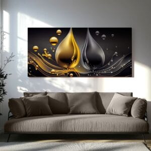 Modern Black and Gold Art Canvas Print displayed in a contemporary living room setting.