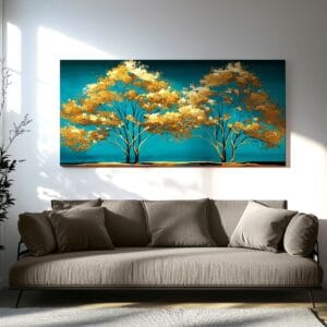 Side view of the Modern Golden Trees gallery-wrapped canvas on a neutral background.