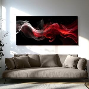 Modern red white print hanging above a contemporary sofa in a modern living room