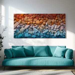 Modern stone mosaic art print with earth tones hanging above a contemporary sofa