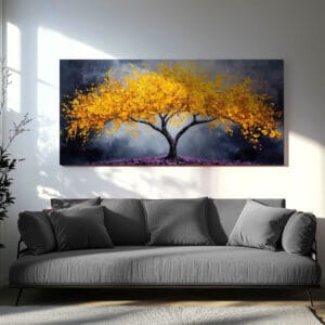 Modern textured tree print displayed above a neutral sofa, flooding the room with golden warmth.