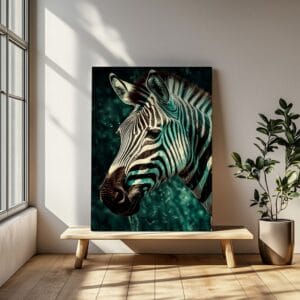 Moody zebra wall art print on a bench by a large window with natural light