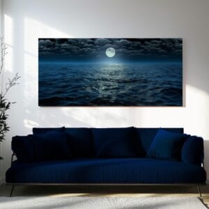 Moonlit ocean night print hanging above a dark blue velvet sofa in a modern living room
