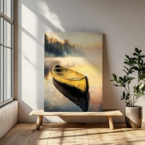 Morning fog lake canoe print on bench in hallway.