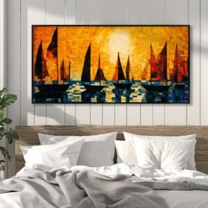 Mosaic sunset sailboats print in black frame in bedroom