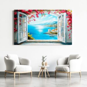 Ocean view window canvas in a neutral interior.