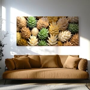 Colorful pine cone wall art canvas in earthy and green tones
