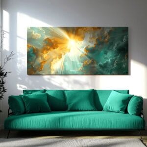 Radiant Sun and Sky Abstract Canvas Print hanging above a modern sofa in a contemporary living room.