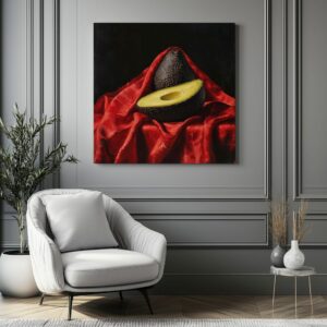 Avocado still life canvas print on red draped cloth