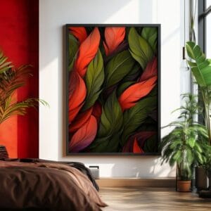 Red green feather print in black frame with window shadow. Modern wall art.