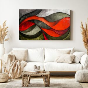 Red grey flowing design print in a Scandinavian style room.