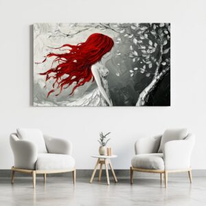 Large red hair woman abstract print in a modern interior setting.
