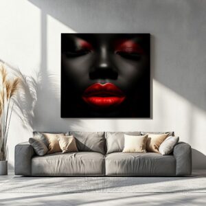 Red lips portrait canvas print displayed in a fashion-forward living room