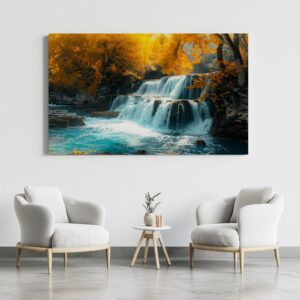 River and waterfall landscape art displayed in a neutral interior setting.