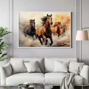 Running wild horses canvas with white frame on grey wall above sofa.