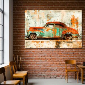 Large rusty old car print on an orange brick wall.