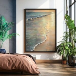 Serene beach wave print in black frame near cinnamon bedspread.