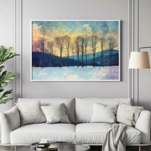 Serene winter trees print with white frame on grey wall above sofa