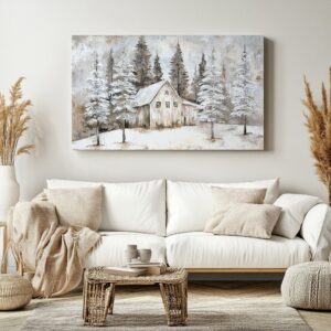 Snowy cottage forest print displayed in a neutral interior setting.