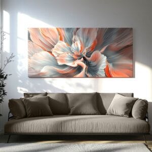 Spring petal blooming print hanging above a light sofa in a modern living room