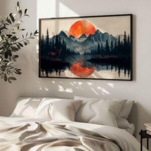 Sunset mountain lake print in black frame for bedroom decor.