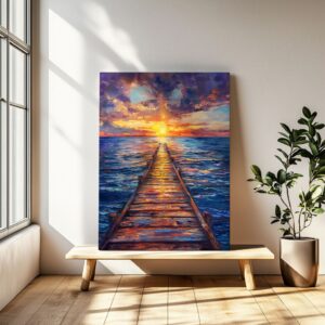 Sunset pier ocean canvas stretched on frame, room.